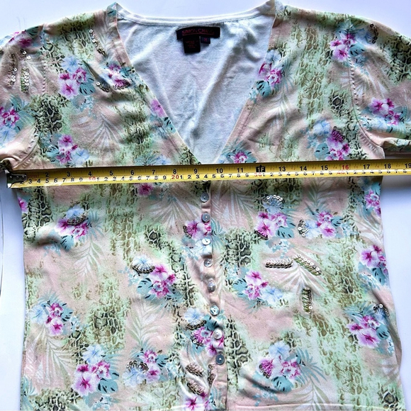 Simon Chang floral sequins sweater top buttons cardigan size medium - Picture 6 of 7